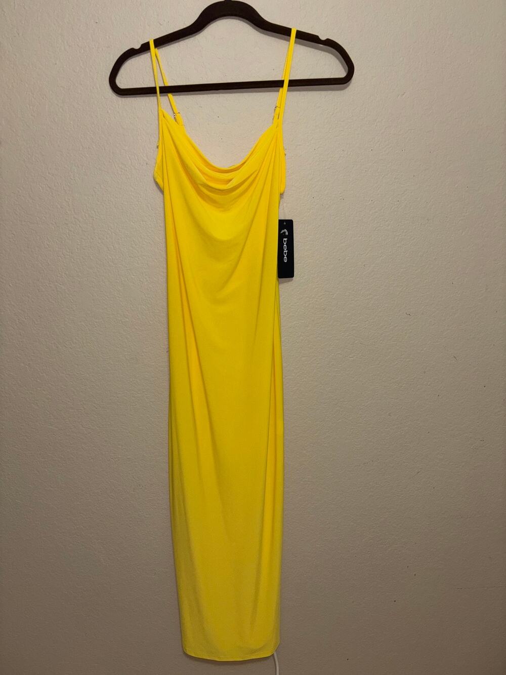 bebe Yellow Cowl Neck Bodycon Midi Dress NWT XS Spaghetti Strap